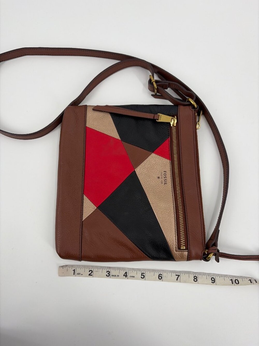 Fossil Fiona Boho Leather Color Block Crossbody Bag Inner Pockets Key Charm - Picture 3 of 7